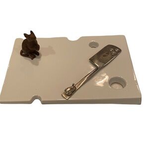 Abbott Collection White Ceramic Swiss Cheese Cutting Board with Silver Slicer